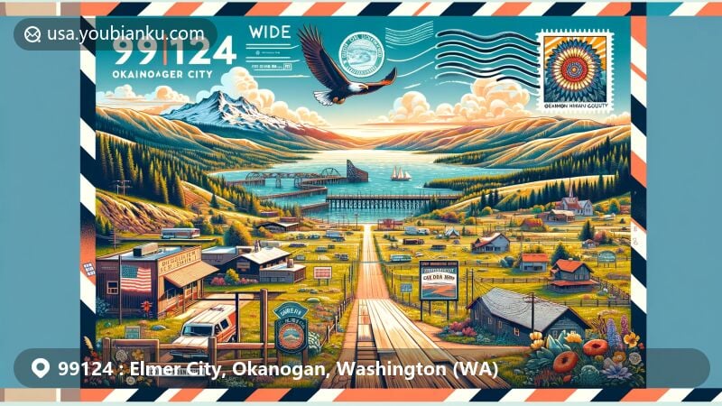 Modern illustration of Elmer City, Okanogan County, Washington, featuring small-town allure and Pacific Northwest beauty, with elements of local flora, fauna, and iconic landmarks like Coulee Dam and Crown Point Vista.