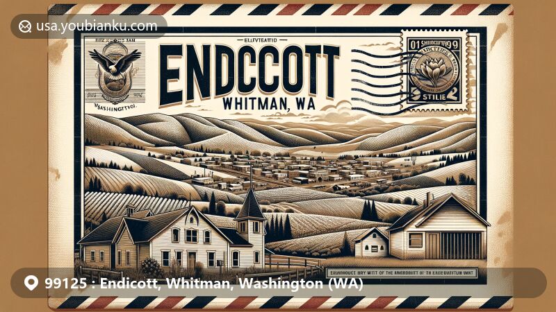 Modern illustration of Endicott, Washington, blending postal themes with local charm and natural beauty, showcasing ZIP code 99125, featuring Palouse farmlands, small-town landmarks, and vintage airmail design.
