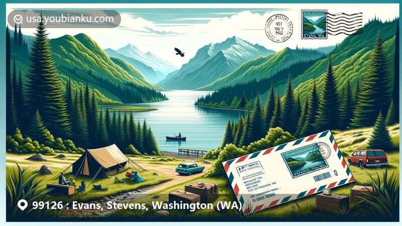 Modern illustration of Evans, Stevens County, Washington, capturing the serene beauty of lush green forests and majestic mountains, blending with postal themes like a vintage airmail envelope and a stamp featuring the Columbia River.