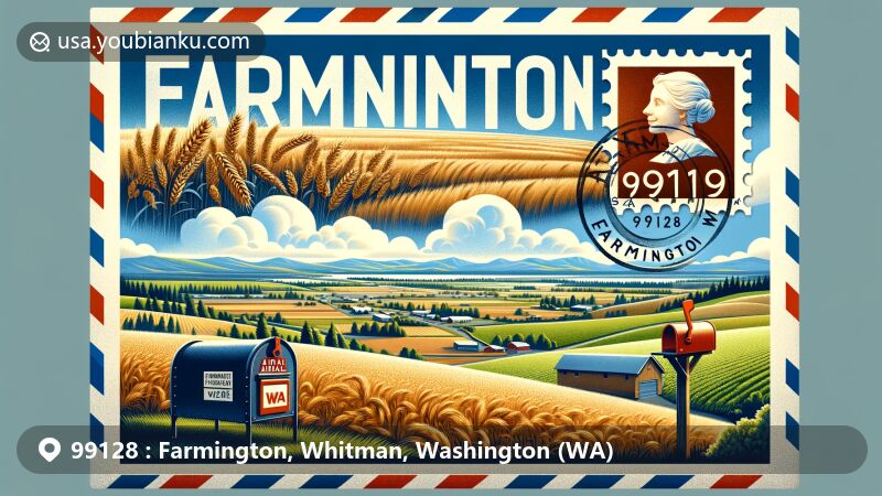 Modern illustration of Farmington, WA, focusing on airmail envelope with ZIP code 99128 and stamp depicting agricultural landscape, Skyline Drive, and McCroskey State Park.