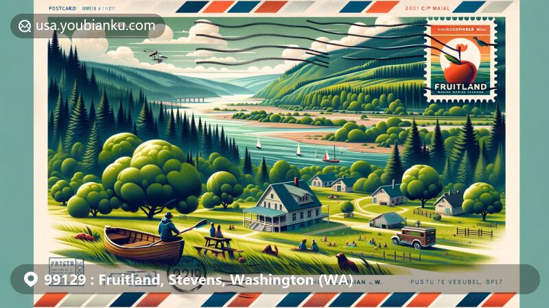 Modern illustration of Fruitland, Washington, 99129, featuring lush green forests, rolling hills, outdoor activities such as hiking and fishing, community near the Columbia River, apple orchards, and vintage airmail envelope elements with Washington state flag stamp, airmail stripes, '99129' postal code, and current year postmark.
