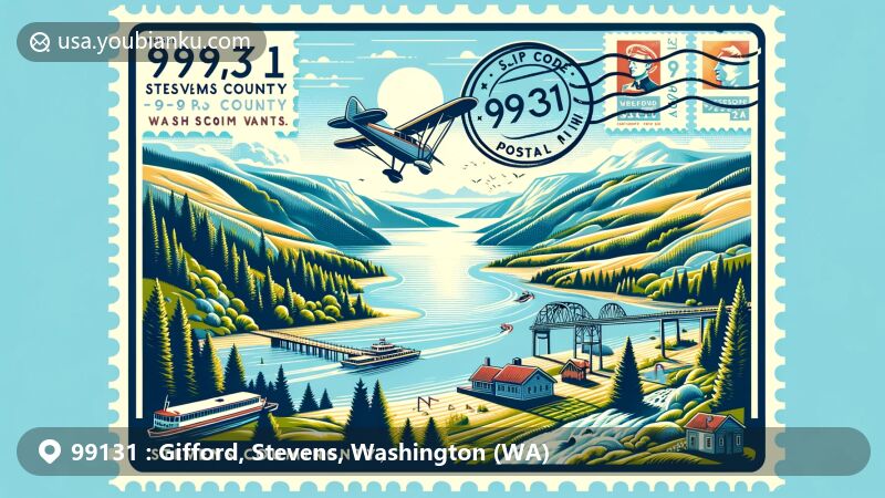 Modern illustration of Gifford, Stevens County, Washington, capturing the region's natural beauty and climate essence with elements like a postal stamp, ZIP code 99131, and Columbia River reference.