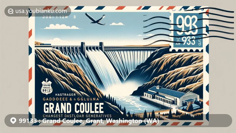 Modern illustration of Grand Coulee Dam, a key landmark in Washington state, showcasing impressive engineering feat and clean energy generation.