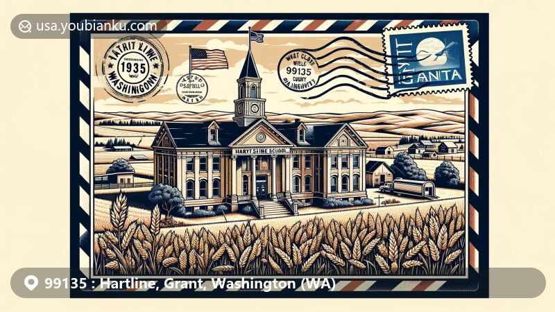 Modern illustration of Hartline, Grant County, Washington, showcasing the colonial revival style Hartline School and agricultural theme, set within the semi-arid landscape of the Hartline Basin.