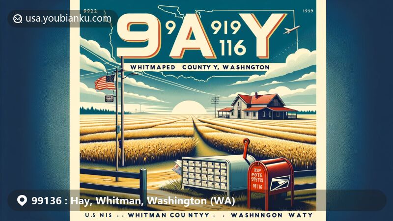 Modern illustration of Hay, an unincorporated community in Whitman County, Washington, featuring rural landscape, postal elements, and symbols of natural beauty and agricultural heritage, including the ZIP code 99136.
