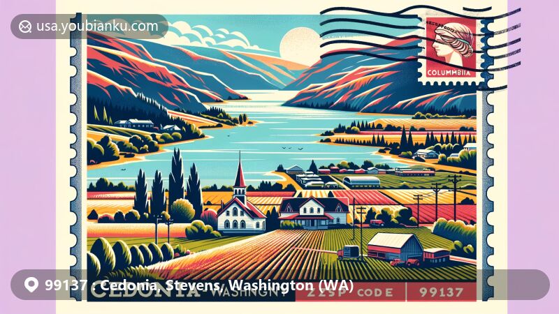 Modern illustration of Cedonia, Stevens County, Washington, highlighting postal theme with ZIP code 99137, featuring Lake Roosevelt, Huckleberry Mountain, and Kettle River Range in the Columbia River Valley backdrop.