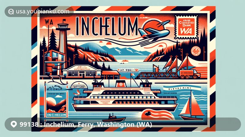 Modern illustration of the Inchelium-Gifford Ferry on Lake Roosevelt in Inchelium, Ferry, Washington, with Colville Confederated Tribes, showcasing history of relocation due to Grand Coulee Dam, featuring postcard and air mail envelope design with iconic symbols.