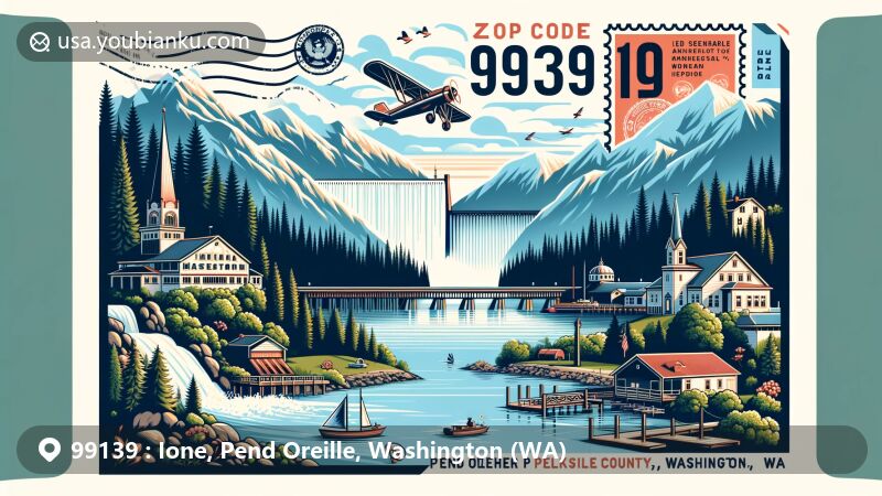 Modern illustration of Ione, Pend Oreille County, Washington, featuring ZIP code 99139, showcasing a creative postal theme with airmail envelope, postage stamps, and postmark, highlighting Pend Oreille River and Selkirk Mountains, including Box Canyon Dam, reflecting timber industry history and Box Canyon Hydroelectric Project, and emphasizing outdoor recreational activities like fishing, hiking, and boating in a lush, forested setting.
