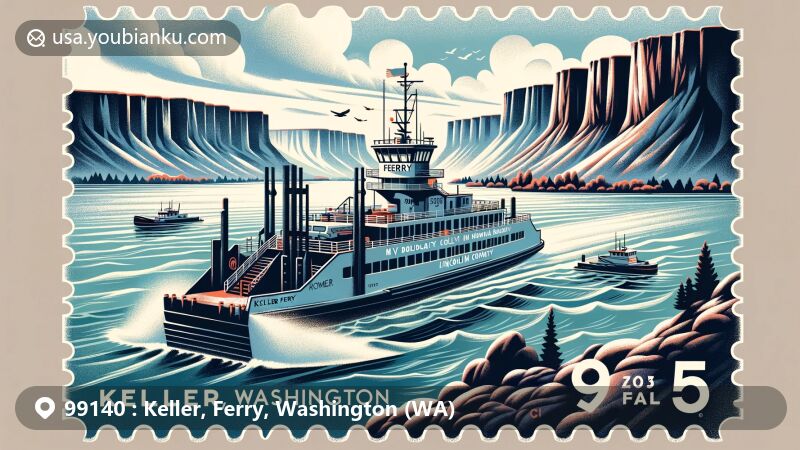 Modern illustration of Keller, WA 99140, showcasing the Keller Ferry crossing the Columbia River amid basalt cliffs and scablands, symbolizing community connectivity and natural beauty.