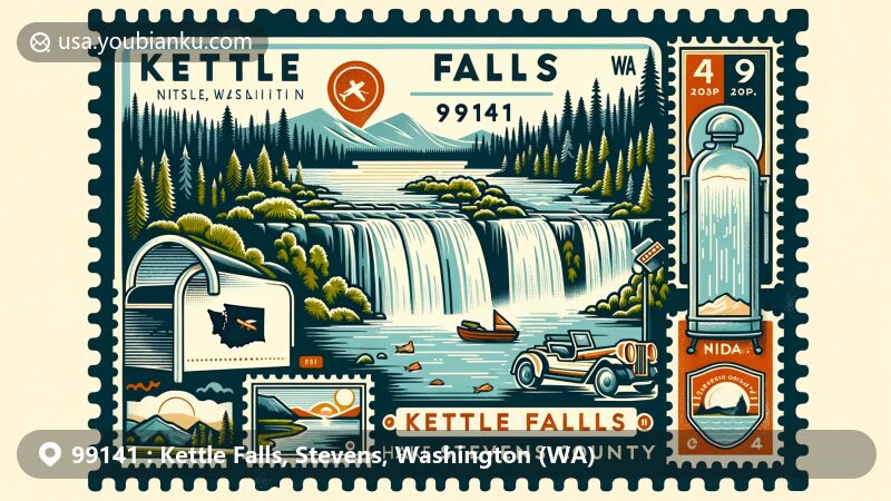 Modern illustration of Kettle Falls area, Stevens County, Washington, with ZIP code 99141, featuring iconic landmarks like Kettle Falls and Columbia River, blending postal and regional elements.