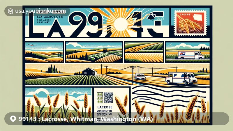 Modern illustration of Lacrosse, Washington (WA), Whitman County, showcasing warm-summer Mediterranean climate and agricultural heritage with wheat fields. Features creative postcard design with air mail envelope border, postal stamp of Washington state outline, postal truck, and ZIP code 99143.