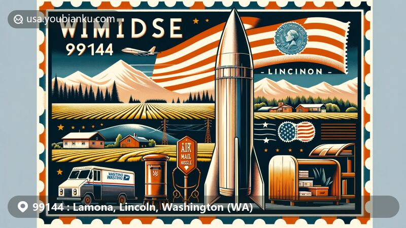 Modern illustration of Lamona, Lincoln County, Washington, with a postal theme depicting a postcard or air mail envelope, showcasing the state flag in the background. Features include agricultural landscapes, a vintage postal stamp of the Atlas 41E missile, and symbols of postal services.