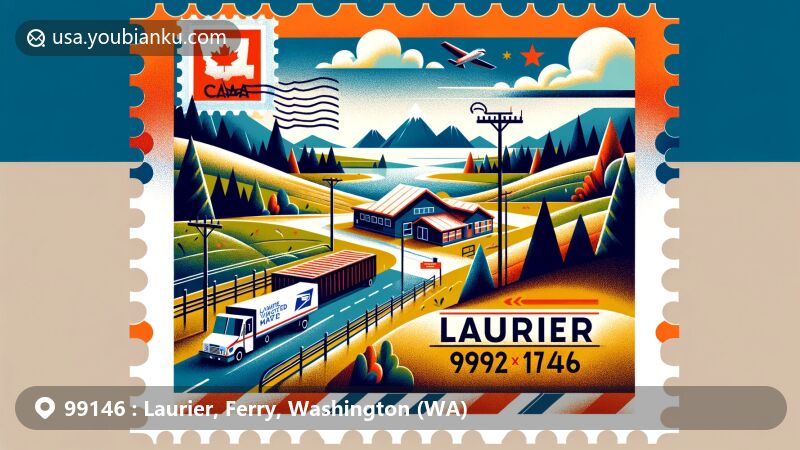 Modern illustration of Laurier, Ferry County, Washington, showcasing postal theme with ZIP code 99146, featuring colorful airmail envelope with stamp depicting Ferry County's outline and Washington state flag, set against backdrop of Laurier's seasonal landscape and nearby Canadian-American border, including postal truck traveling towards border station.