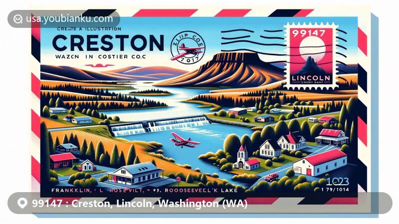 Modern illustration of Creston, Lincoln County, Washington, showcasing postal theme with ZIP code 99147, featuring Creston Butte and Franklin D. Roosevelt Lake.