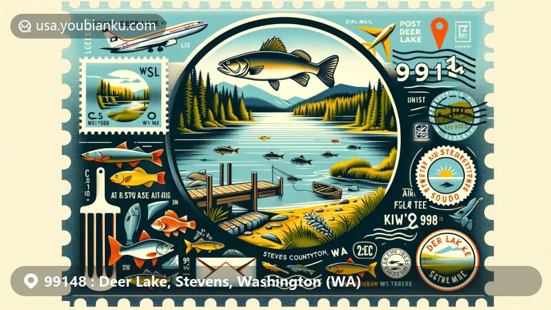 Modern illustration of Deer Lake, Stevens County, Washington, showcasing postal theme with ZIP code 99148, featuring Largemouth and Smallmouth Bass, Black Crappie, Yellow Perch, Rainbow Trout, and Lake Trout.