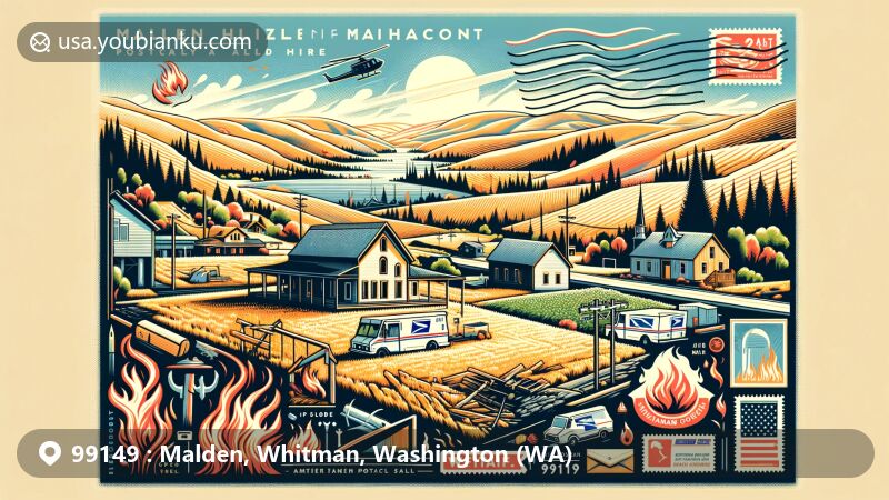 Illustration depicting the revival and hope of Malden, Washington, with symbolic rebuilding structures and Palouse hills in the background, representing community resilience and Whitman County's agriculture. Includes ZIP Code 99149, postcard elements, and symbolic flames, commemorating the past fire.