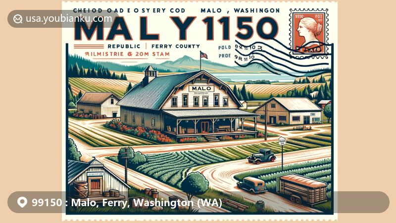 Modern illustration of Malo area, Ferry County, Washington, showcasing local characteristics like pastoral farms, historic Malo Store, and Malo Trading Post. Includes postal elements with ZIP code 99150 on a postcard layout.