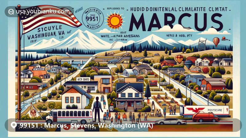 Modern illustration of Marcus, Stevens County, Washington, reflecting a humid continental climate with seasonal temperature variations, featuring Washington state flag, Stevens County outline, and diverse community. Incorporates postal elements like vintage postcard design with '99151 Marcus, WA' postmark.