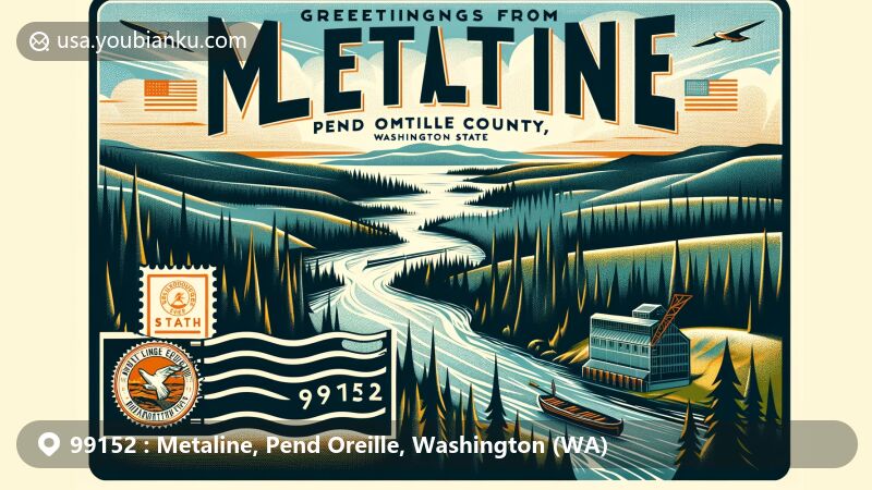 Modern illustration of Metaline, Pend Oreille County, Washington, featuring stylized Pend Oreille River, symbolic of town's history and geographic significance; depiction of Metaline Mines, representing town's mining heritage, especially lead and zinc mining; Washington state flag indicating Metaline's state affiliation; retro-style postage stamp showcasing 99152 postal code in top right corner; artistic rendering of Metaline's natural beauty emphasizing typical Pacific Northwest lush forests and rugged terrain.