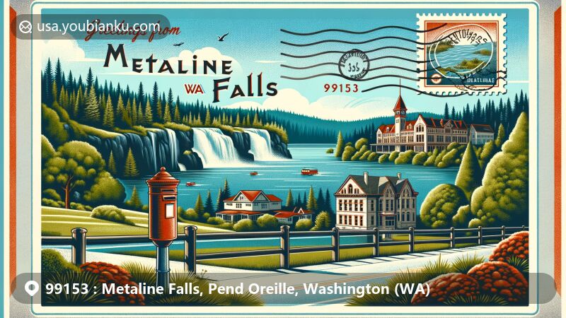 Modern illustration of Metaline Falls, Washington, showcasing serene landscapes, Sullivan Lake, and Gardner Cave at Crawford State Park with vintage postcard aesthetics and postal symbols.