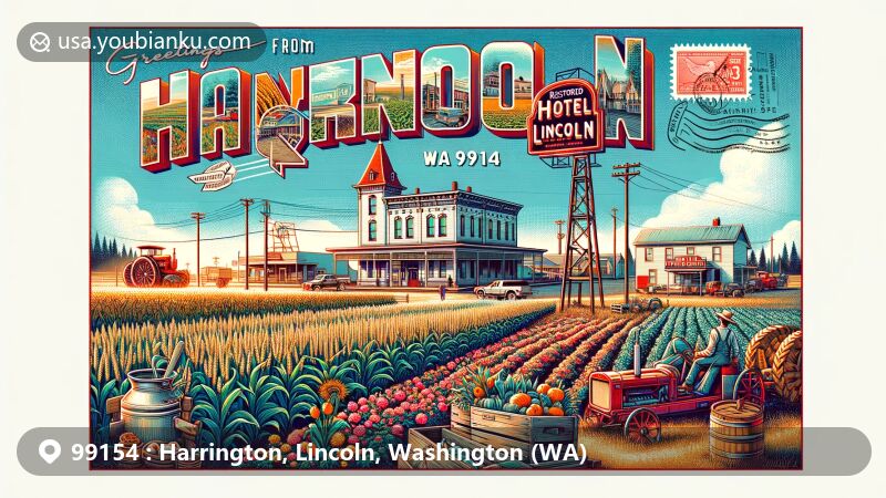 Contemporary illustration of Harrington, Lincoln County, Washington, showcasing the town's agricultural landscape with the iconic Hotel Lincoln, emphasizing historical preservation.