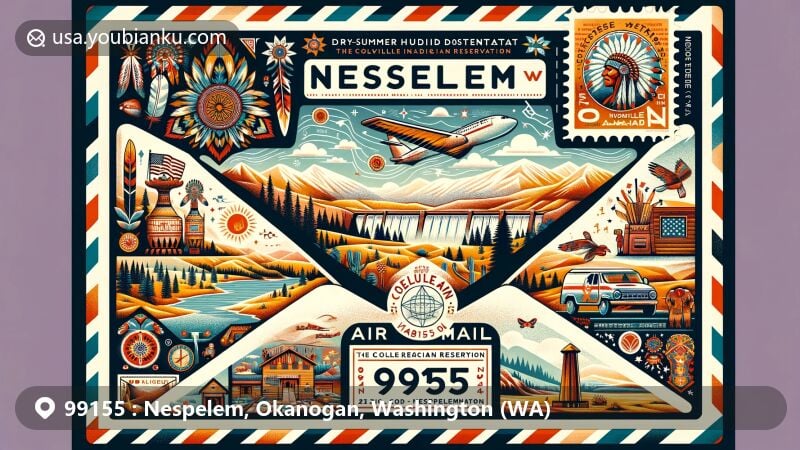 Modern illustration of Nespelem, Washington, showcasing air mail envelope with Colville Indian Reservation, Grand Coulee Dam stamp, and local climate, honoring Colville Tribes' heritage.