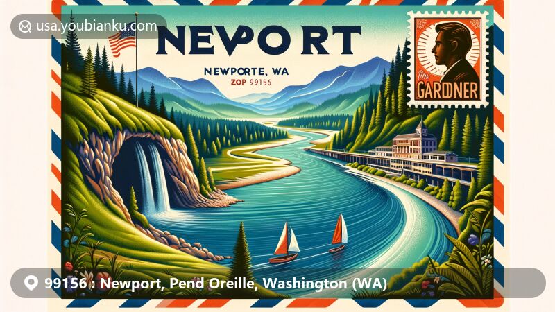 Modern illustration of Newport, Washington, showcasing Pend Oreille River and Gardner Cave, with ZIP code 99156, featuring lush landscape, mountains, and limestone formations.