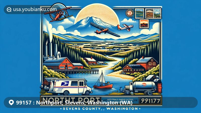 Modern illustration of Northport, Stevens County, Washington, with ZIP code 99157, showcasing geographical and postal elements, including Trail Smelter case reference and scenic mountains under clear skies.