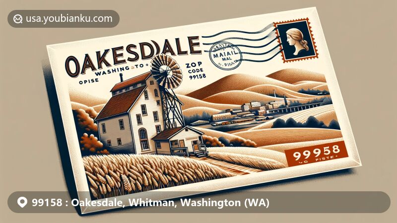 Creative illustration of Oakesdale, Whitman County, Washington, featuring vintage postcard design with key landmarks like Flour Mill and Steptoe Butte, showcasing town's history and natural beauty.