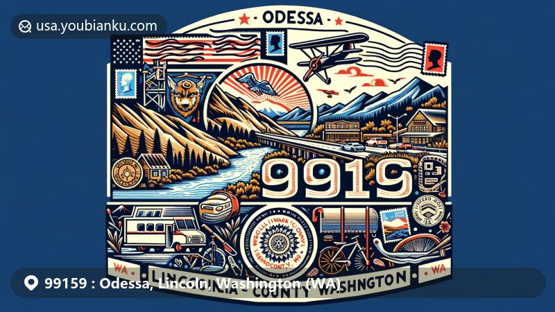 Modern illustration of Odessa, Lincoln County, Washington, showcasing postal theme with ZIP code 99159, reflecting town's connection to Columbia River and small-town charm, featuring vintage postcard, stamps, and airmail elements.