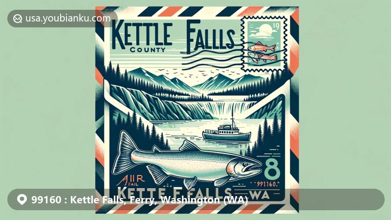 Modern illustration of Kettle Falls, Ferry County, Washington, depicting pre-dam Kettle Falls, St. Paul's Mission, Columbia River Bridge, salmon runs, and picturesque landscape with postal elements.