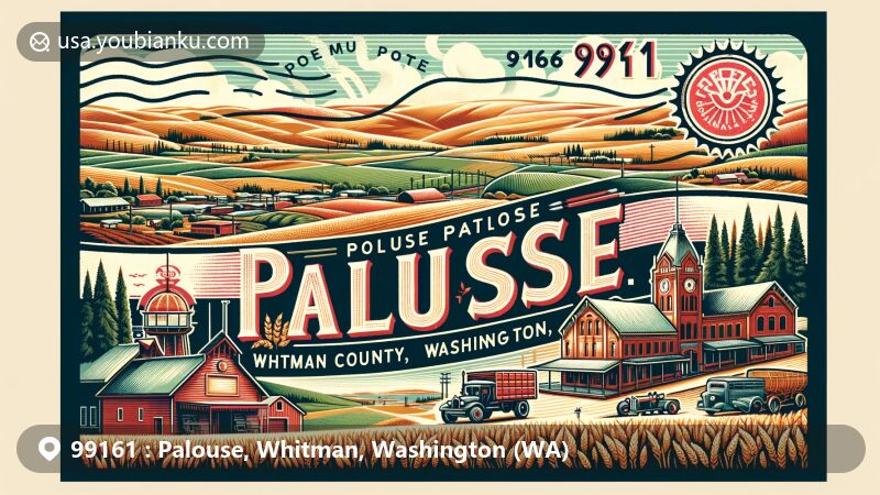 Modern illustration of Palouse, Whitman County, Washington, featuring picturesque rural landscape with rolling hills, fertile farmlands, wheat fields, and farming equipment, capturing the area's agricultural heritage.
