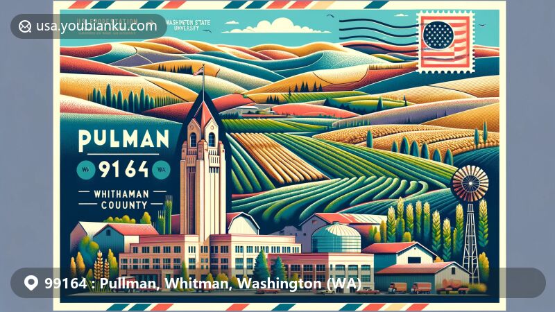 Modern illustration of Pullman, Whitman County, Washington, showcasing the Palouse region's rolling hills, fields of wheat and legumes, featuring Bryan Tower from Washington State University. Includes postal theme with vintage airmail elements and 'Pullman, WA 99164'.