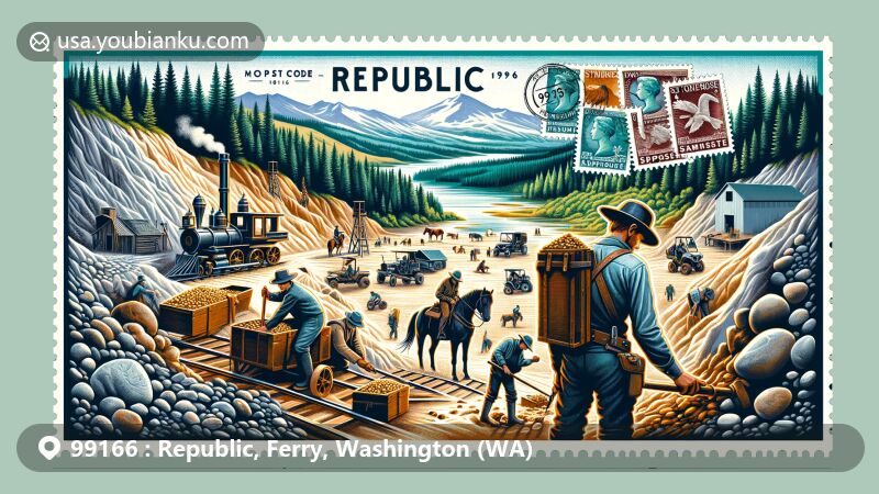 Modern illustration of Republic, Ferry County, Washington, depicting the rich mining history with gold prospectors near a mine entrance, outdoor activities like ATV riding and horseback riding, and people digging at Stonerose Fossil Center, set against the backdrop of forests and mountains.