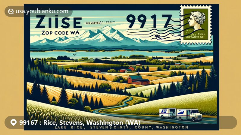 Modern illustration of Rice, Stevens County, Washington, depicting rural landscapes with rolling fields, forests, and the majestic Cascade Mountains in the background, reflecting the natural beauty and outdoor activities of the area. The artwork features postal-themed elements like a vintage-style postcard layout with a postage stamp indicating 'ZIP Code 99167'. The stamp showcases iconic views of Lake Roosevelt and the Kettle Mountains, famous landmarks nearby. Also included is a small postal truck navigating a winding road through the picturesque countryside, emphasizing the connection between the community and postal service. At the bottom, stylized, easy-to-read fonts spell out 'Rice, Stevens County, WA', ensuring the text complements rather than dominates the artistic piece.
