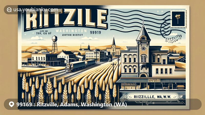 Modern illustration of Ritzville, Washington, showcasing historic pioneer town and wheat shipping point, with ZIP code 99169, featuring iconic landmarks like NP Railroad Museum and Dr. Frank Burroughs House.