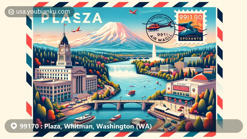 Modern illustration of Plaza, Whitman County, Washington, featuring Riverfront Park and Spokane Falls, with Bing Crosby Theater and Whitman County Fire Department symbol. Postal theme with Mount Rainier stamp, ZIP code 99170, and Washington State icons.