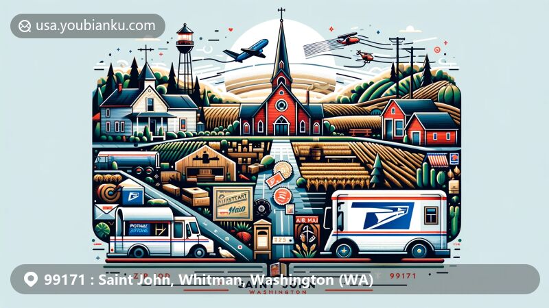 Modern illustration of Saint John, Washington, featuring rural and agricultural landscape with ZIP code 99171, showcasing close-knit community and postal elements.