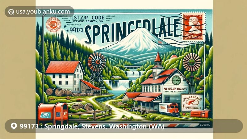 Modern illustration of the Springdale area in Stevens County, Washington, highlighting ZIP code 99173, featuring lush green landscape, historical sawmill, Spokane Falls & Northern Railway tribute, vintage stamps, and classic red mailbox.