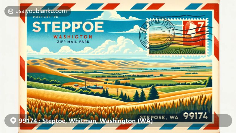 Modern illustration of Steptoe, Washington, featuring Steptoe Butte State Park and Palouse region farmlands, with classic air mail envelope elements and Washington state postage stamp.