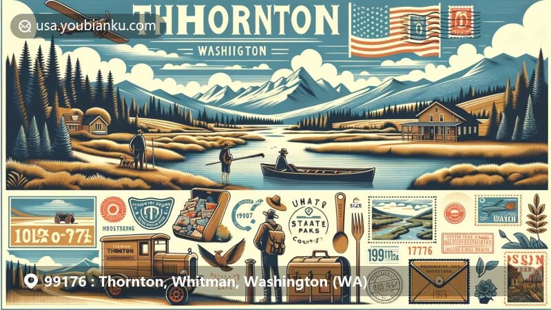 Modern illustration of Thornton, Whitman County, Washington, displaying postal theme with ZIP code 99176, highlighting natural beauty and rural charm, showcasing local culture and outdoor activities in nearby state park.
