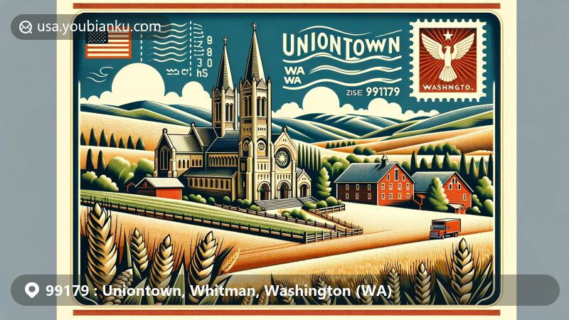 Modern illustration of Uniontown, Washington, beautifully blending historical, geographical, and cultural elements, featuring St. Boniface Catholic Church, Palouse landscape, vintage air mail theme, and symbols of Swiss and German heritage.