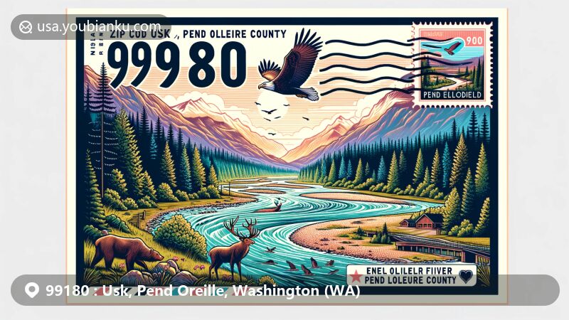 Modern illustration of Usk area in Pend Oreille County, Washington, featuring key elements like Pend Oreille River, Colville National Forest, Kaniksu National Forest, local wildlife, and a stylized postal theme with ZIP code 99180.