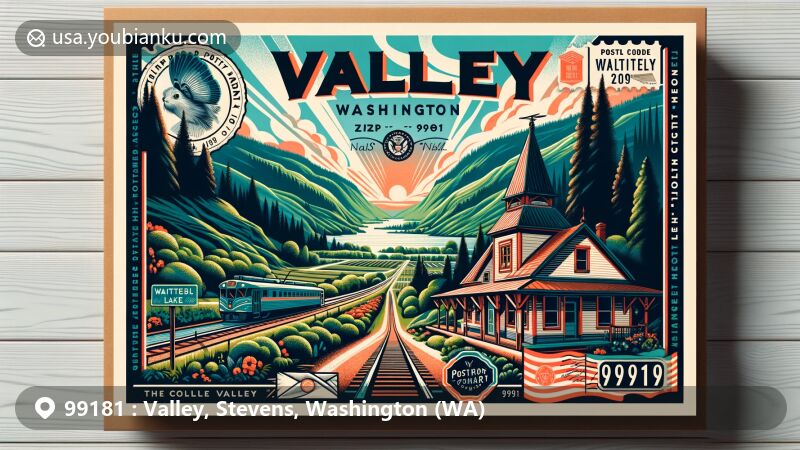 Modern illustration of Valley, Stevens County, Washington, representing ZIP code 99181 with a postcard design showcasing lush green landscape, Colville Valley entrance, historic post office, corduroy road to Waitts Lake, and modern postal elements.