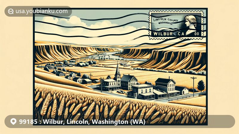 Modern illustration of Wilbur, Lincoln County, Washington, featuring iconic wheat fields symbolizing the agricultural essence, historic town center with 'Wild Goose Bill,' and semi-arid landscape with Goose Creek winding through.
