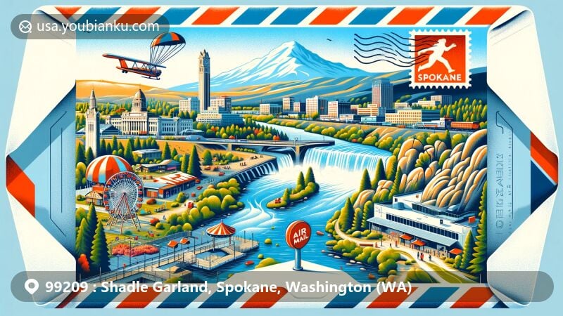 Modern illustration of Shadle Garland neighborhood, Spokane, Washington, featuring vibrant postal theme with iconic landmarks like Spokane Falls, Riverfront Park, and Mount Spokane.