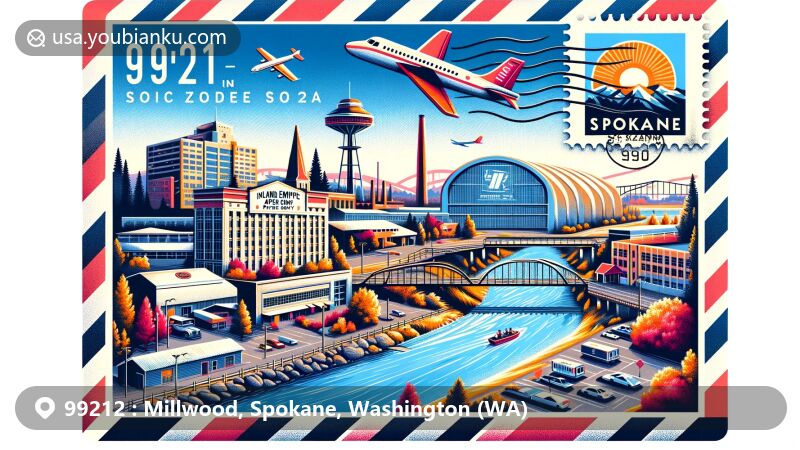 Modern illustration of Millwood, Spokane, Washington, inspired by air mail envelope design, featuring landmarks like Inland Empire Paper Company, Spokane River, Monroe Street Bridge, and Upper Spokane Falls.