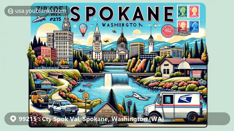 Modern illustration of Spokane, Washington, representing the ZIP Code 99215 area with icons like Riverfront Park, Spokane River, Spokane Falls, Centennial Trail, Mount Spokane State Park, Green Bluff farms, and Davenport Hotel.
