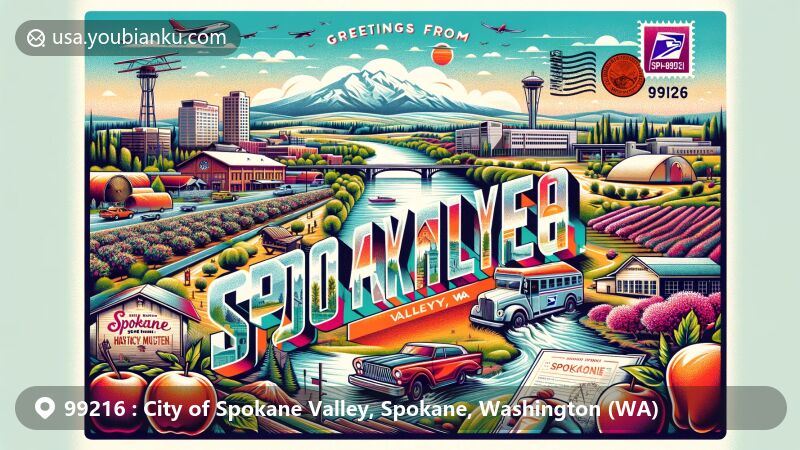 Modern illustration of Spokane Valley, Spokane County, Washington, showcasing postal theme with ZIP code 99216, featuring apple orchards, Spokane Valley Heritage Museum, Spokane River, and community events like Valleyfest and the Inland Northwest Craft Beer Festival.