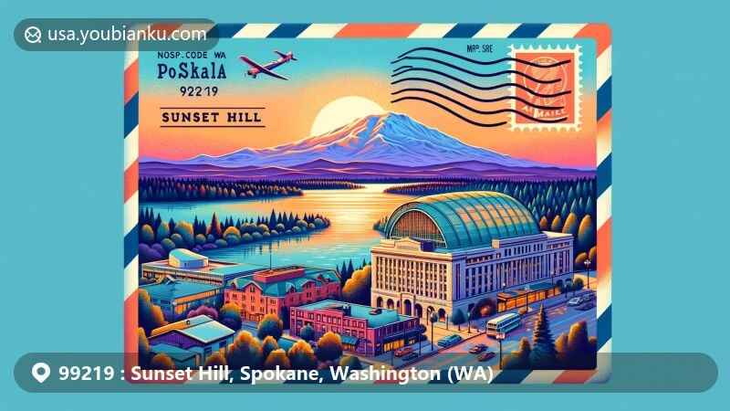 Modern illustration of Sunset Hill, Spokane, Washington (WA) showcasing postal theme with ZIP code 99219, featuring Spokane River, Mount Spokane, Northwest Museum of Arts and Culture, and Martin Woldson Theater at The Fox.
